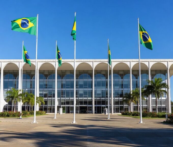 Edifício do Palácio Itamaraty em Brasília, sede do Ministério das Relações Exteriores do Brasil, com bandeiras nacionais.