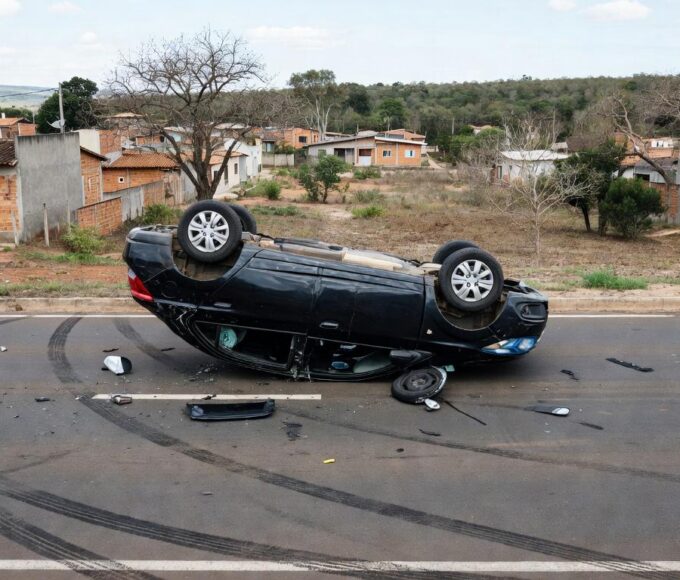 Carro Ônix capotado em acidente na QR 125, Samambaia Sul, DF, com destroços na rua urbana.