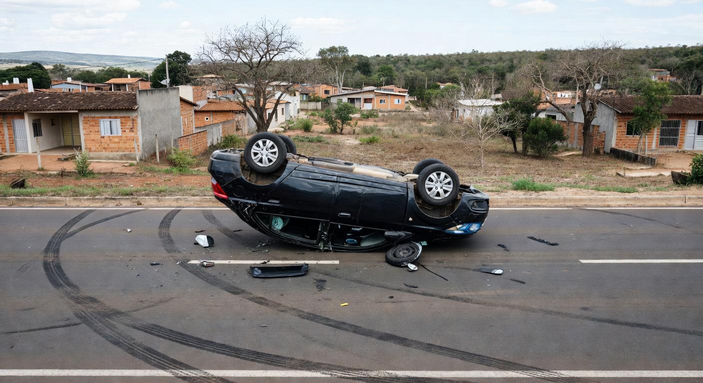 Carro Ônix capotado em acidente na QR 125, Samambaia Sul, DF, com destroços na rua urbana.