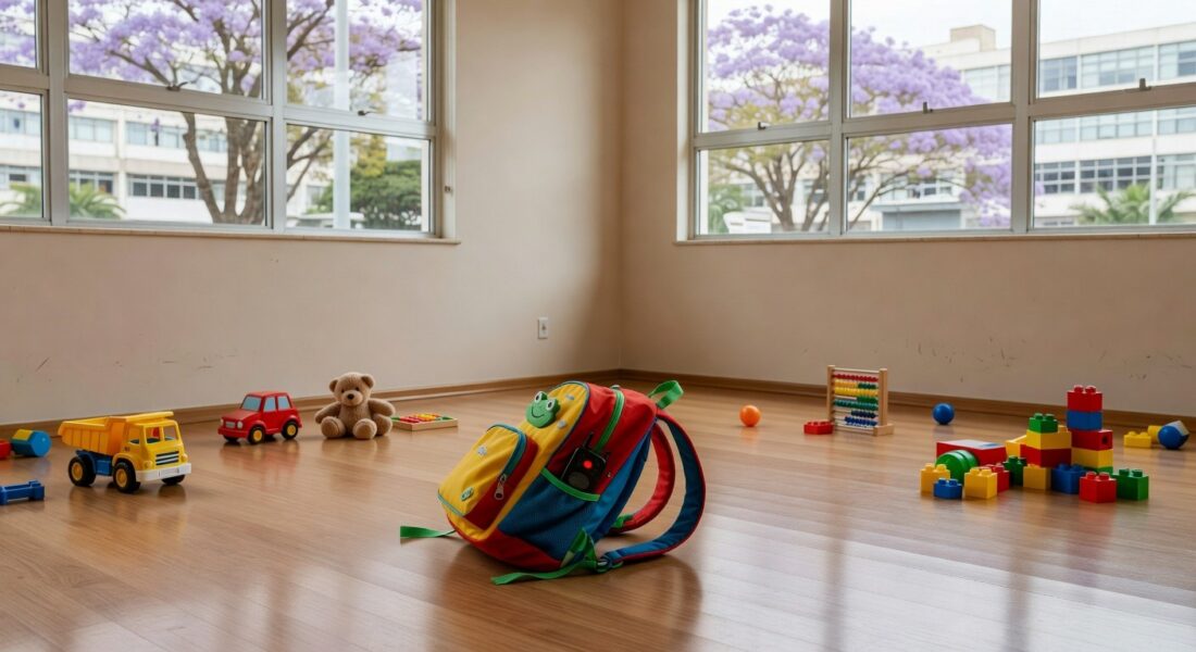 Mochila infantil com gravador escondido em sala de creche vazia no DF, representando flagrante de maus-tratos.