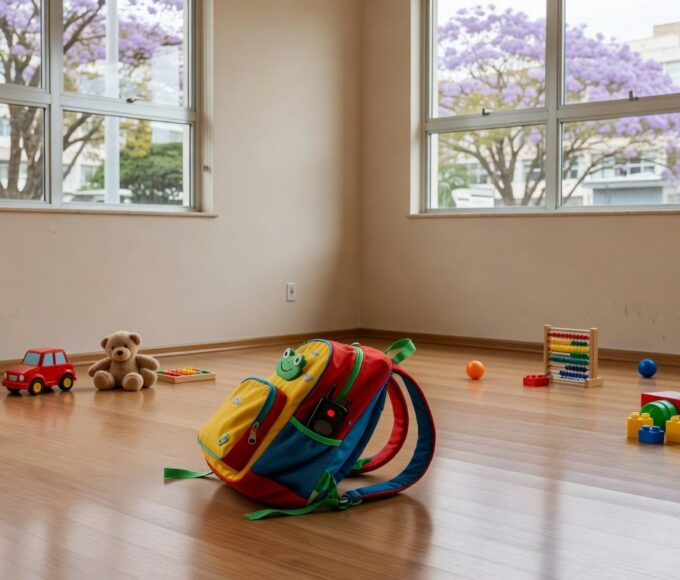 Mochila infantil com gravador escondido em sala de creche vazia no DF, representando flagrante de maus-tratos.