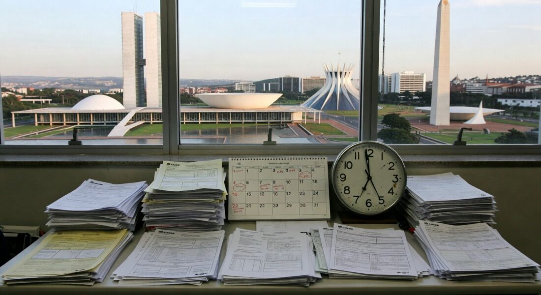 Mesa com pilhas de documentos burocráticos em escritório de Brasília, representando atrasos na Caesb e Adasa para inscrições no Conselho de Consumidores no DF.