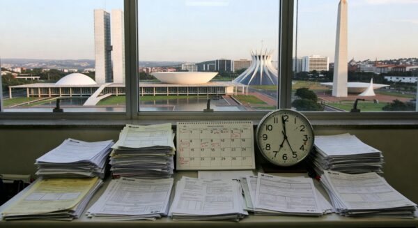 Mesa com pilhas de documentos burocráticos em escritório de Brasília, representando atrasos na Caesb e Adasa para inscrições no Conselho de Consumidores no DF.