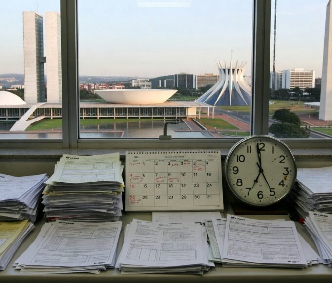 Mesa com pilhas de documentos burocráticos em escritório de Brasília, representando atrasos na Caesb e Adasa para inscrições no Conselho de Consumidores no DF.