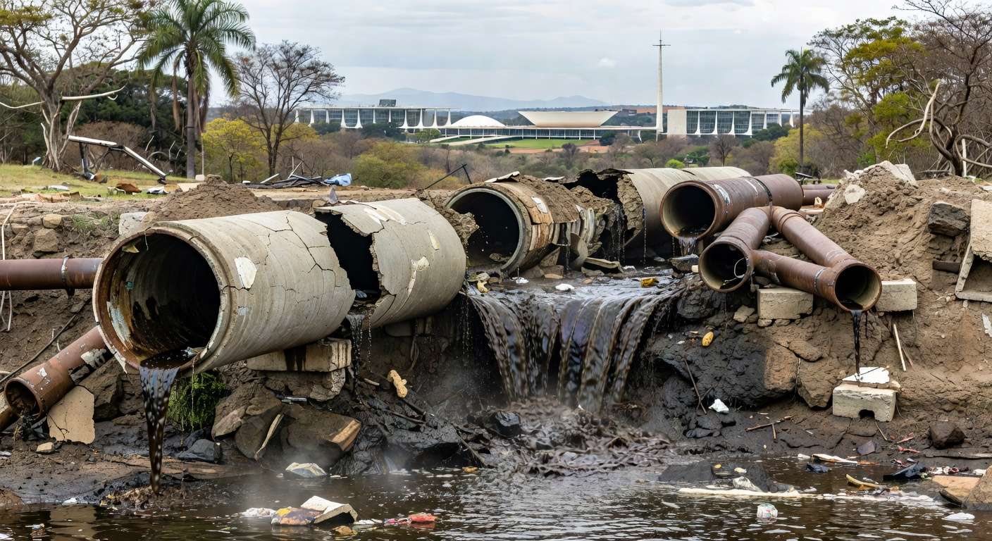 Tubulações de saneamento danificadas em Brasília, com poluição em córrego, expondo falhas e riscos ambientais no DF.