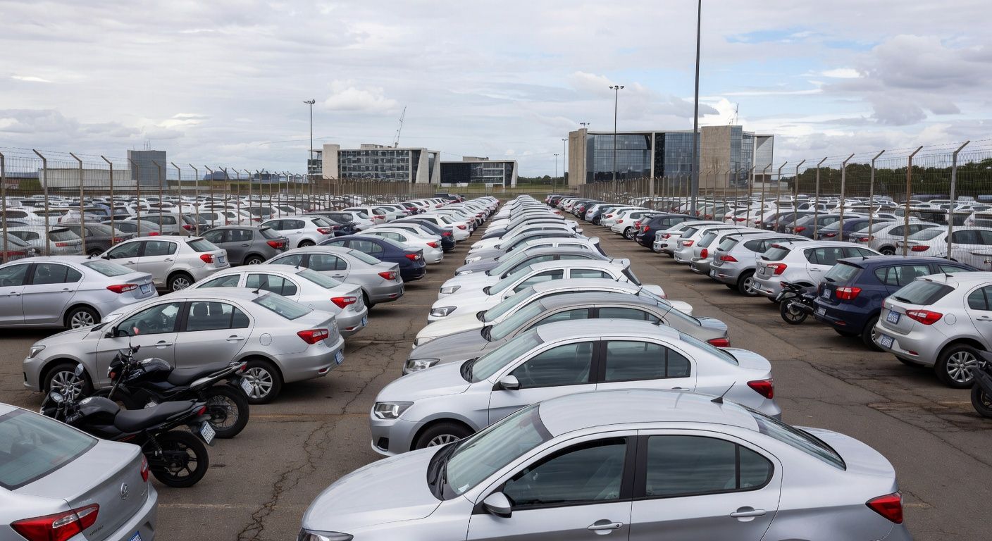 Pátio com veículos apreendidos pelo DER-DF prontos para leilão online no Distrito Federal.