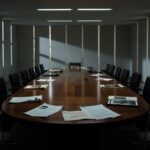 Edifício da CLDF em Brasília com documentos espalhados, representando escrutínio sobre irregularidades no BRB.