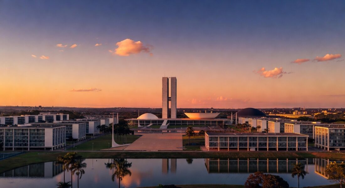 Vista panorâmica de Brasília com Congresso Nacional, representando redução de homicídios no Distrito Federal.