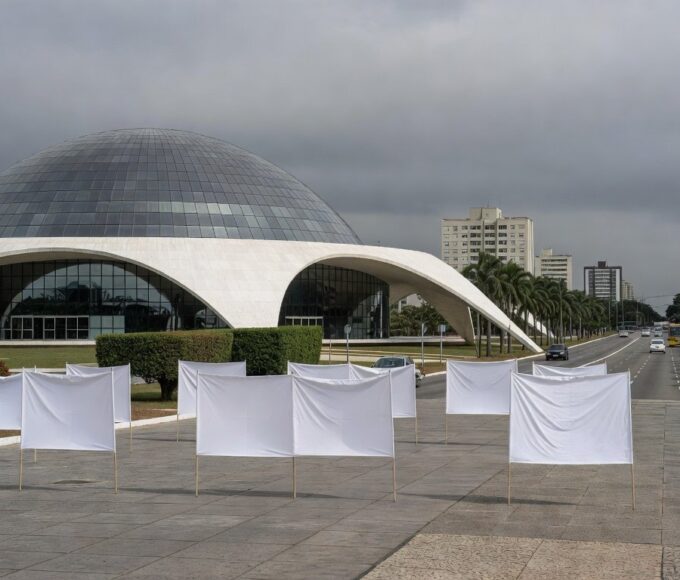 Fachada da CLDF em Brasília com fitas roxas simbolizando violência contra mulheres no DF.