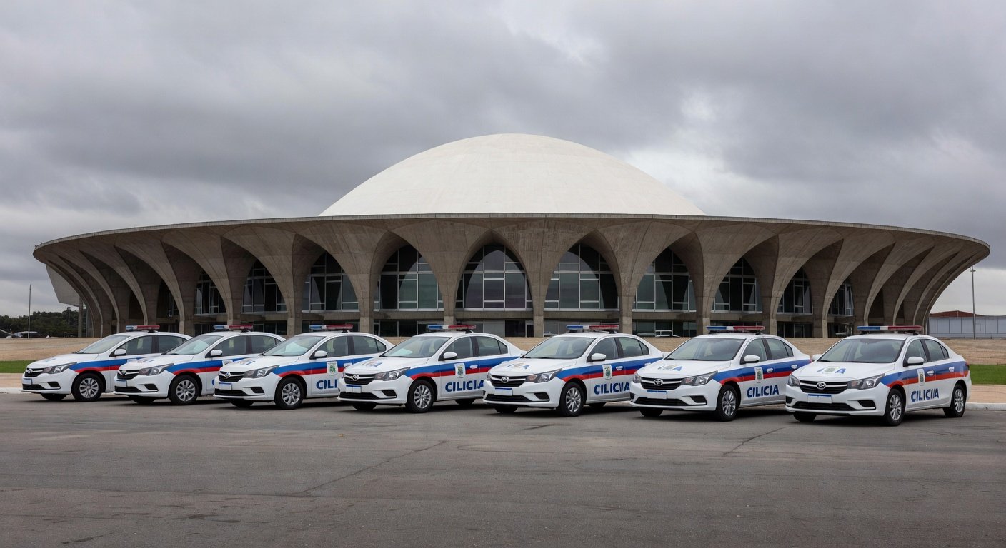 Edifício da CLDF em Brasília com viaturas da Polícia Civil, ilustrando falhas na Previdência e apoio à regulamentação.