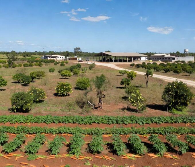 Paisagem rural no DF com campos cultivados e estrutura de extensão, representando capacitação de produtores em gestão de negócios.