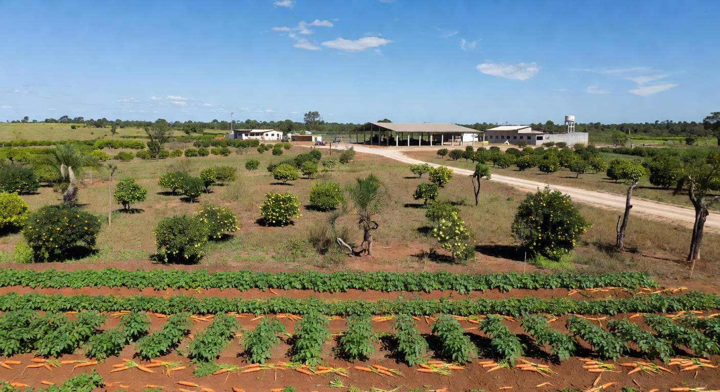 Paisagem rural no DF com campos cultivados e estrutura de extensão, representando capacitação de produtores em gestão de negócios.