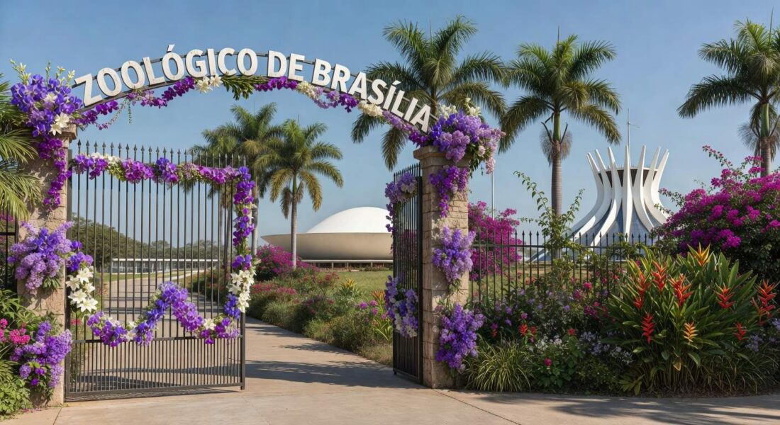 Entrada do Zoológico de Brasília com portões abertos e decorações para o Dia Internacional da Mulher.
