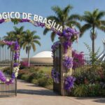 Entrada do Zoológico de Brasília com portões abertos e decorações para o Dia Internacional da Mulher.