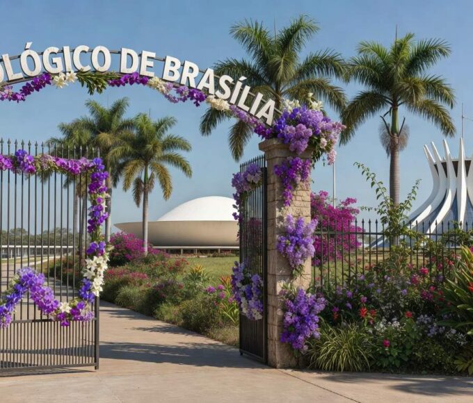 Entrada do Zoológico de Brasília com portões abertos e decorações para o Dia Internacional da Mulher.