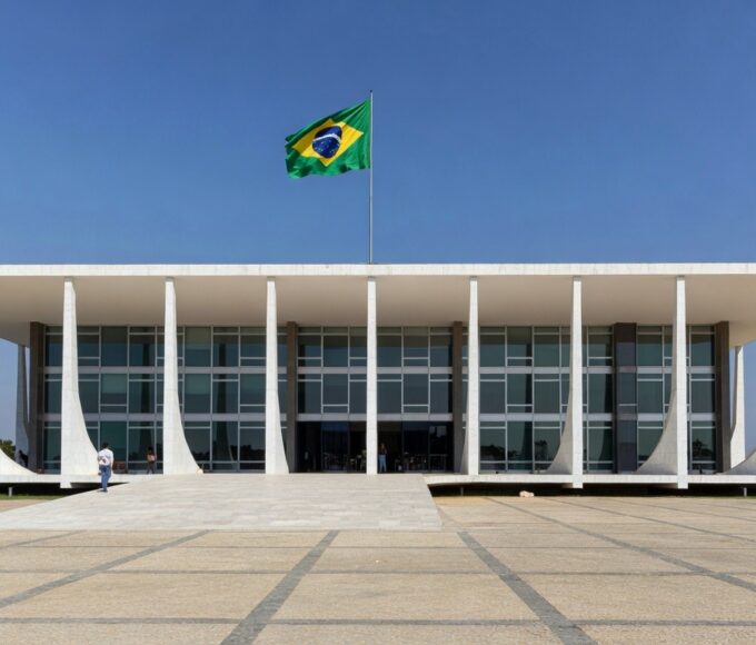 Edifício do STF em Brasília representando decisão judicial sobre mensagens, com documentos e smartphone.
