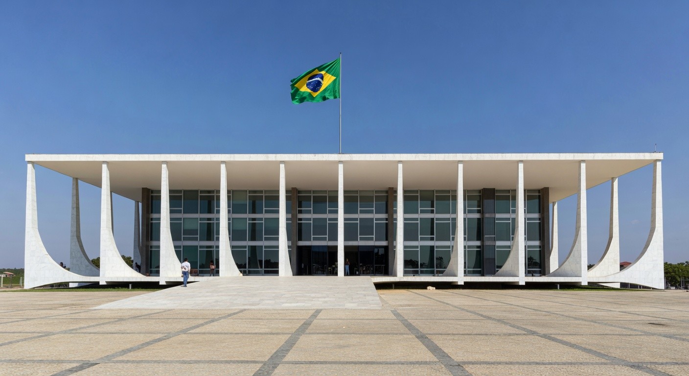 Edifício do STF em Brasília representando decisão judicial sobre mensagens, com documentos e smartphone.