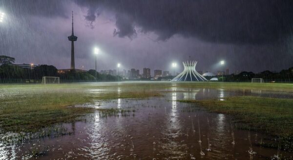 Gramado de futebol alagado por chuva intensa na semifinal do Candangão entre Sobradinho e Samambaia no Distrito Federal.