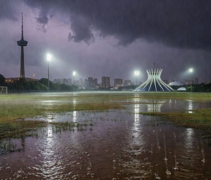 Gramado de futebol alagado por chuva intensa na semifinal do Candangão entre Sobradinho e Samambaia no Distrito Federal.