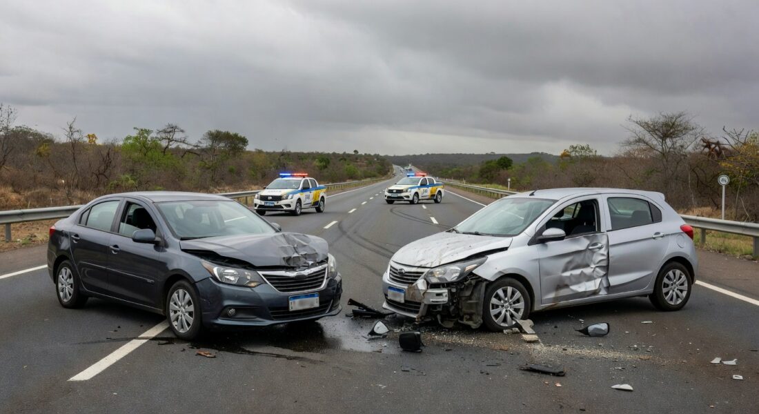 Cena de acidente com quatro veículos colididos na rodovia DF-150 em Sobradinho, Distrito Federal, deixando três feridos.