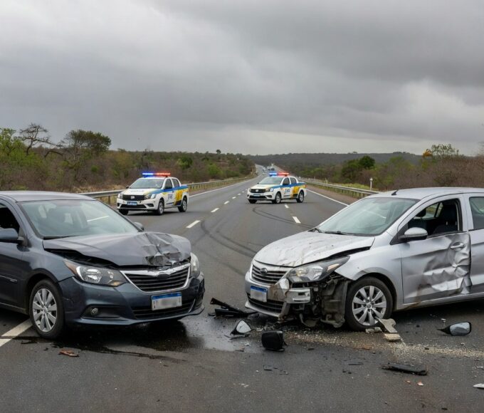 Cena de acidente com quatro veículos colididos na rodovia DF-150 em Sobradinho, Distrito Federal, deixando três feridos.