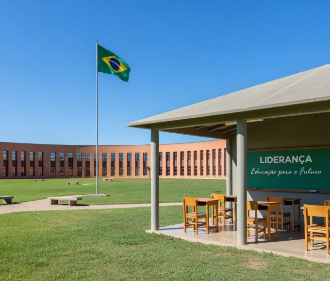Escola pública no DF representando liderança feminina na educação, com arquitetura de Brasília.