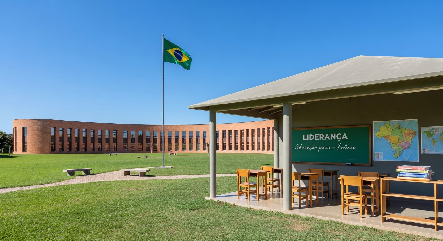 Escola pública no DF representando liderança feminina na educação, com arquitetura de Brasília.
