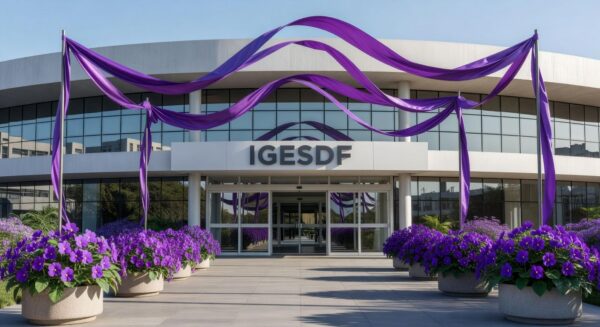 Hospital em Brasília com decorações roxas simbolizando o Dia da Mulher e a predominância feminina na força de trabalho do IgesDF.