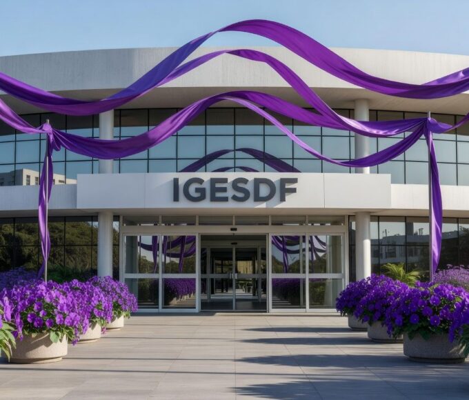 Hospital em Brasília com decorações roxas simbolizando o Dia da Mulher e a predominância feminina na força de trabalho do IgesDF.