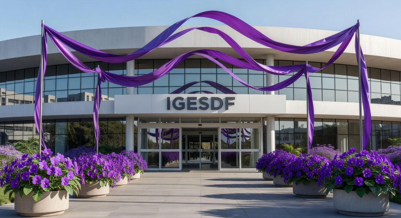 Hospital em Brasília com decorações roxas simbolizando o Dia da Mulher e a predominância feminina na força de trabalho do IgesDF.