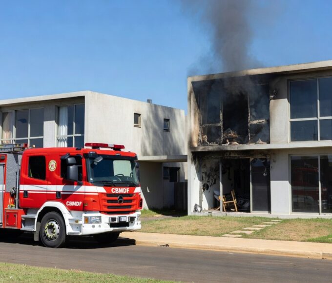 Incêndio em móvel durante discussão conjugal no DF, com viatura de bombeiros intervindo para evitar tragédia.