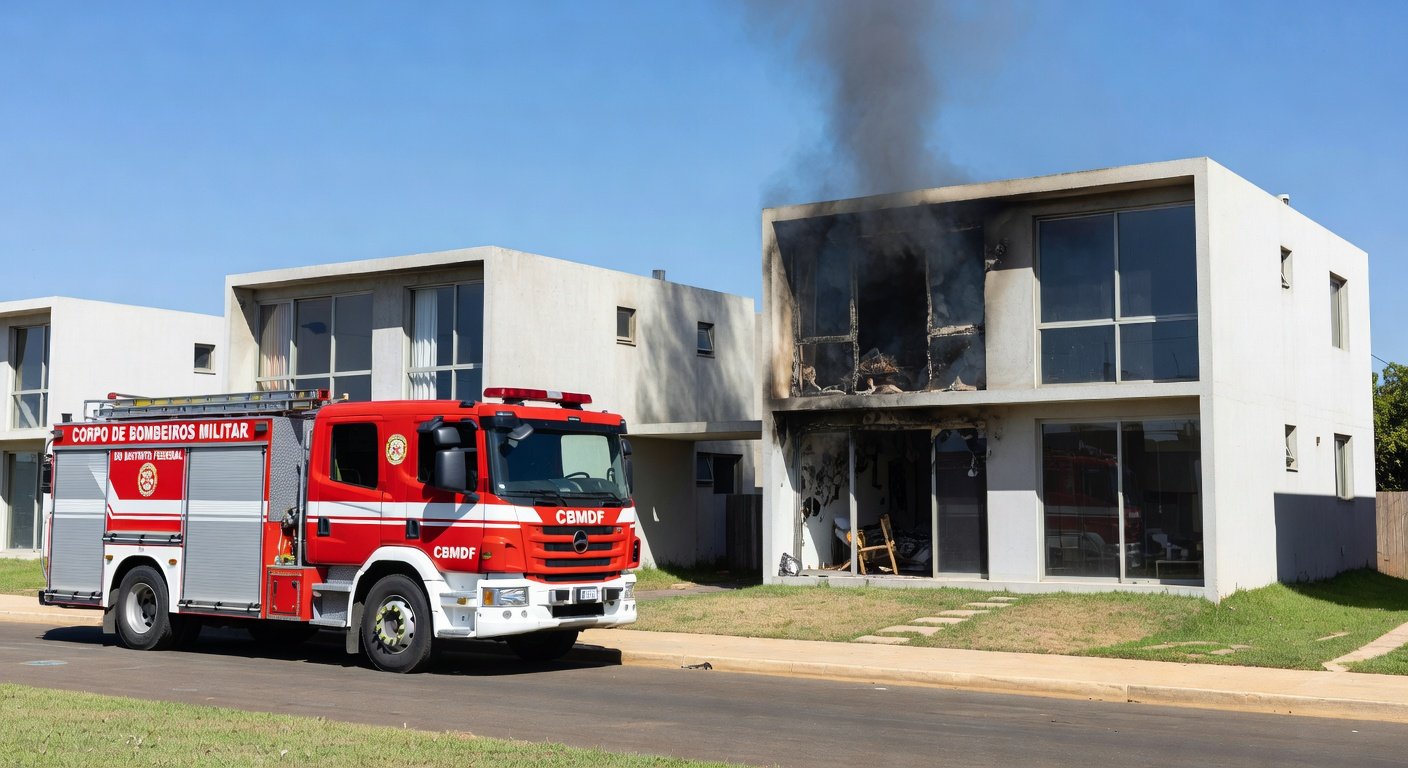 Incêndio em móvel durante discussão conjugal no DF, com viatura de bombeiros intervindo para evitar tragédia.