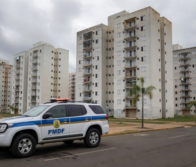 Viatura da PMDF em rua de Samambaia, cena de prisão de foragido por homicídio.
