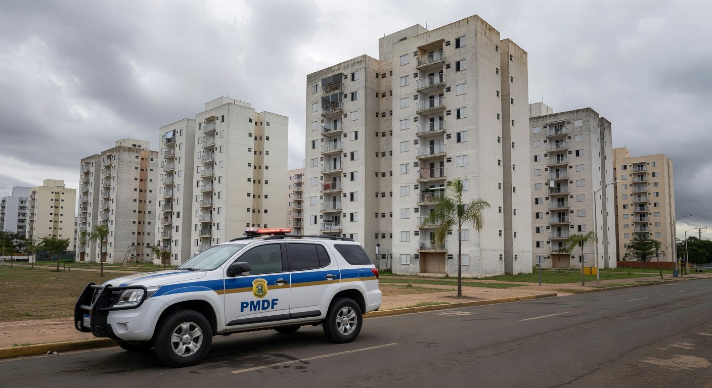 Viatura da PMDF em rua de Samambaia, cena de prisão de foragido por homicídio.