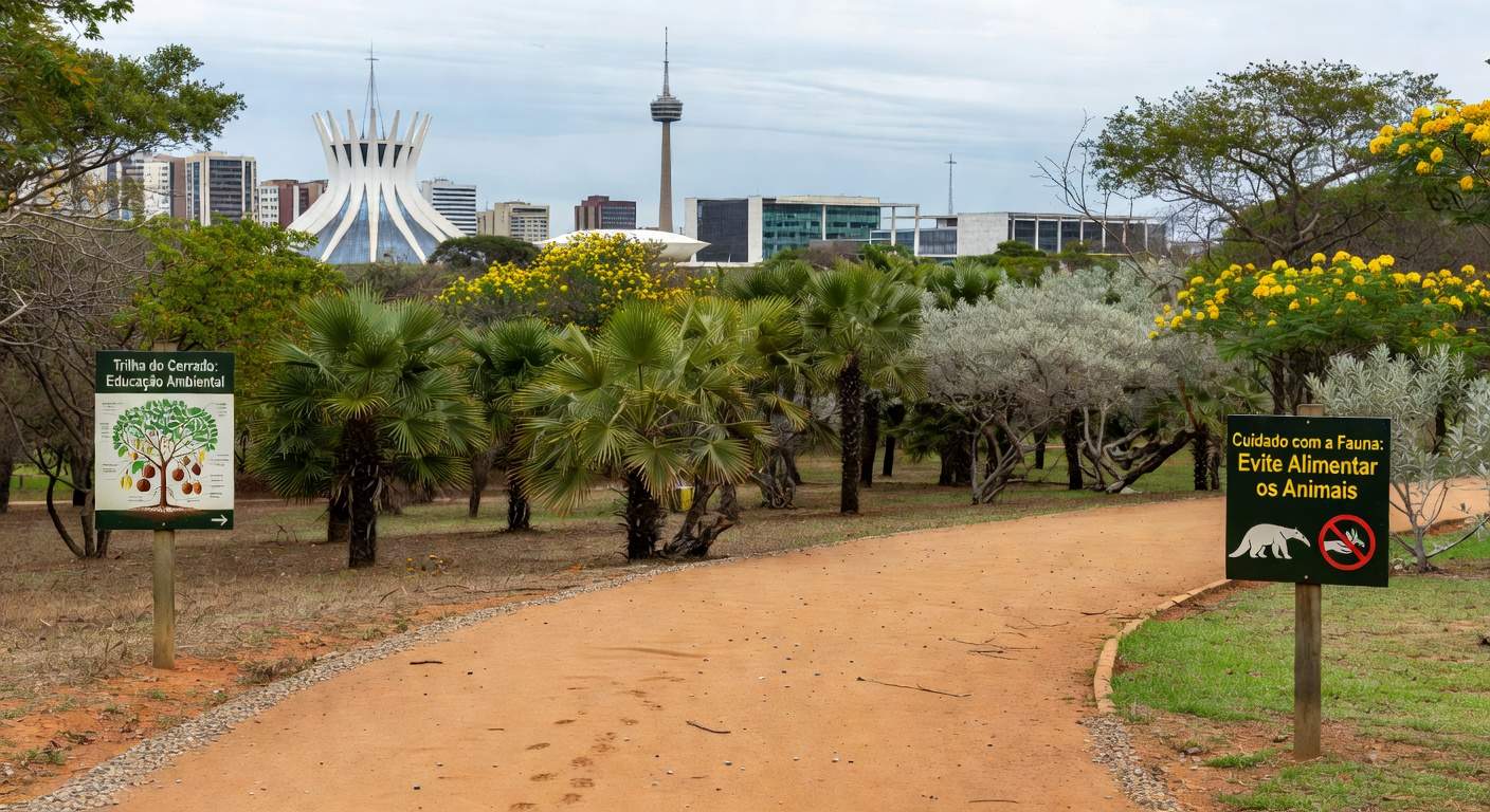 Parque em Brasília com trilhas e vegetação do Cerrado, representando o programa Parque Educador do Instituto Brasília Ambiental.