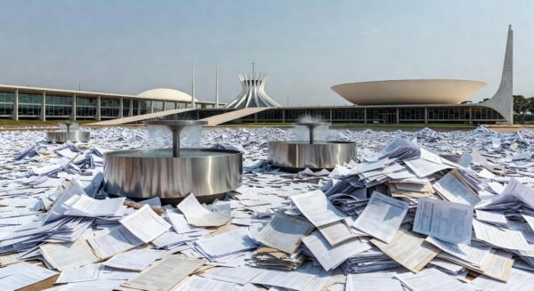 Evento em Brasília com bebedouros obrigatórios e pilhas de documentos burocráticos, destacando obrigatoriedade aprovada pela CLDF.