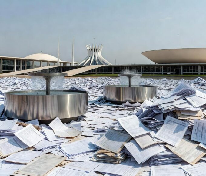 Evento em Brasília com bebedouros obrigatórios e pilhas de documentos burocráticos, destacando obrigatoriedade aprovada pela CLDF.