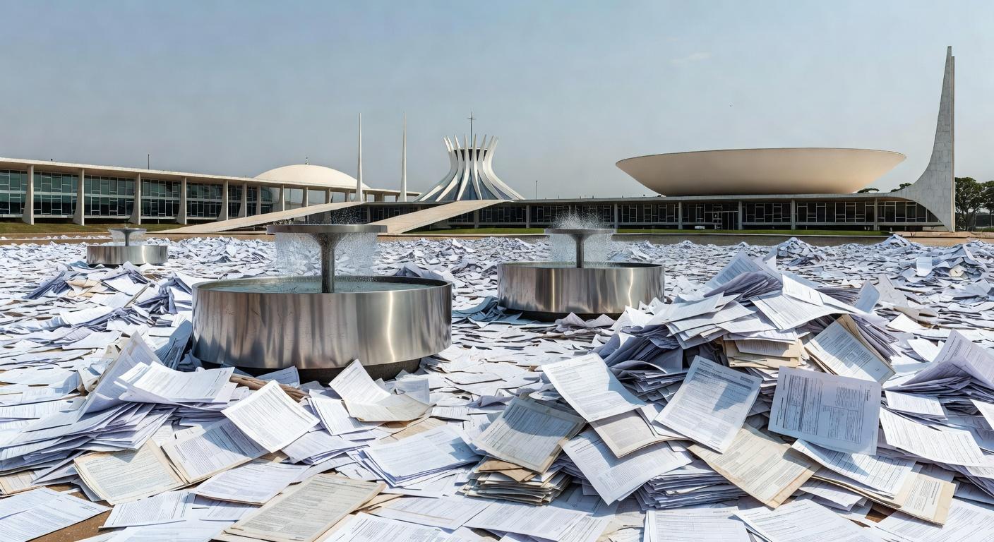Evento em Brasília com bebedouros obrigatórios e pilhas de documentos burocráticos, destacando obrigatoriedade aprovada pela CLDF.