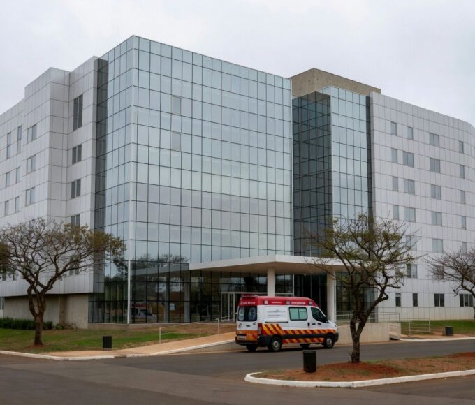 Exterior de hospital em Brasília com ambulância na entrada, representando internação por broncopneumonia bacteriana.