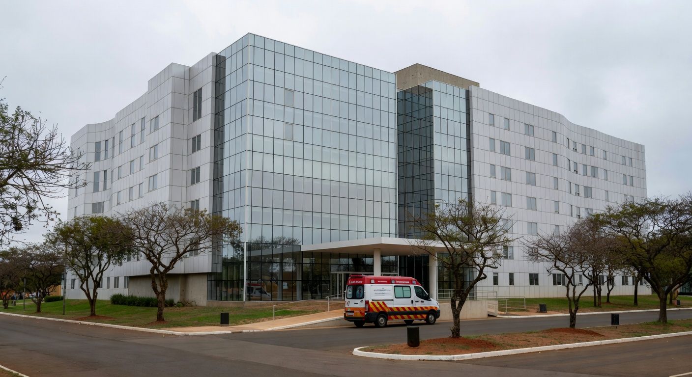 Exterior de hospital em Brasília com ambulância na entrada, representando internação por broncopneumonia bacteriana.
