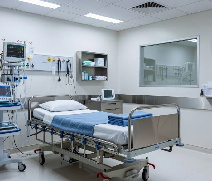 Sala de UTI vazia em hospital brasileiro com equipamentos médicos e monitores, representando boletim de saúde.