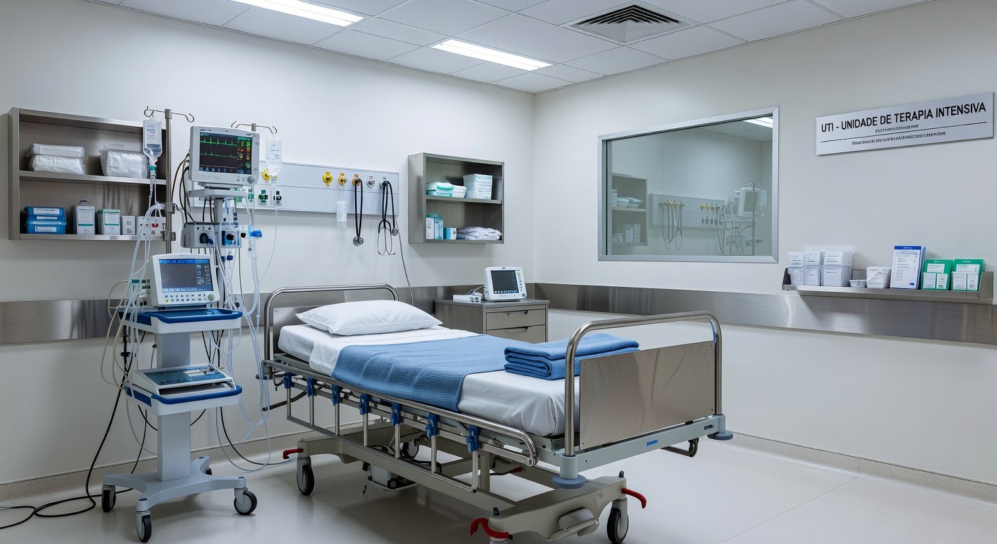 Sala de UTI vazia em hospital brasileiro com equipamentos médicos e monitores, representando boletim de saúde.