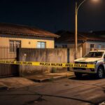 Casa em Samambaia Norte com fita de isolamento policial e viatura, cena de assassinato a tiros.
