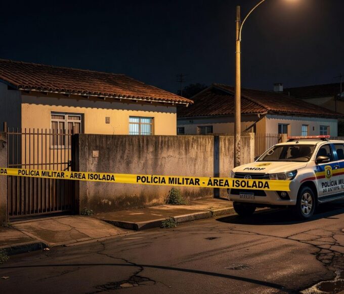 Casa em Samambaia Norte com fita de isolamento policial e viatura, cena de assassinato a tiros.