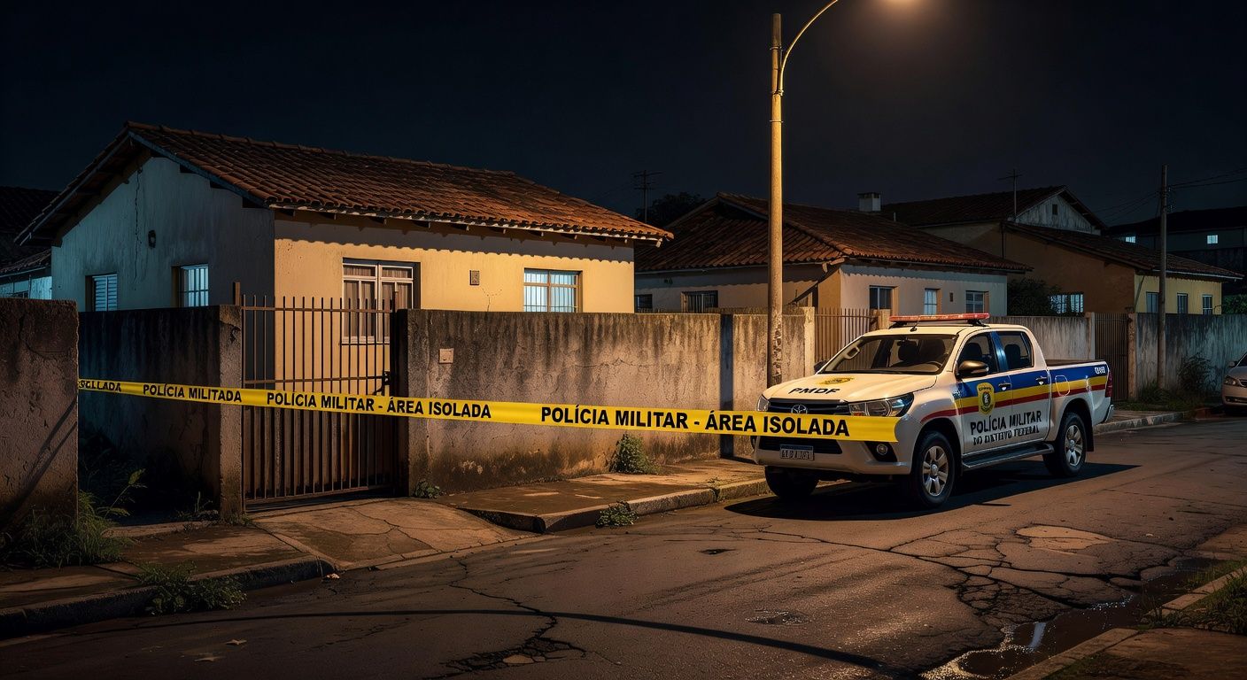 Casa em Samambaia Norte com fita de isolamento policial e viatura, cena de assassinato a tiros.