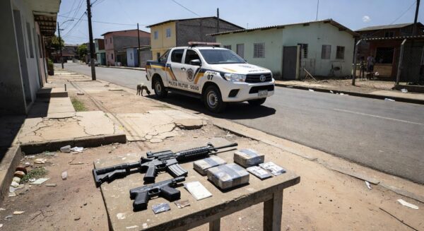 Viatura da PMGO em rua de Samambaia com armas e drogas apreendidas após confronto.