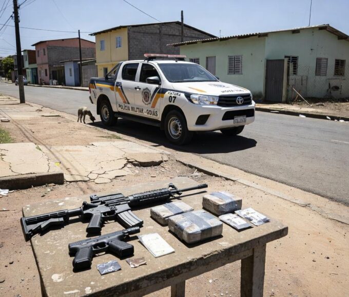 Viatura da PMGO em rua de Samambaia com armas e drogas apreendidas após confronto.
