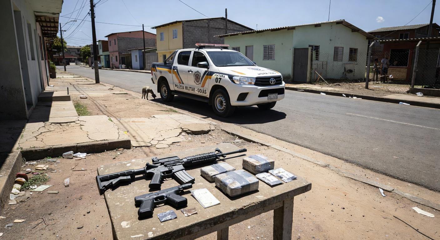 Viatura da PMGO em rua de Samambaia com armas e drogas apreendidas após confronto.