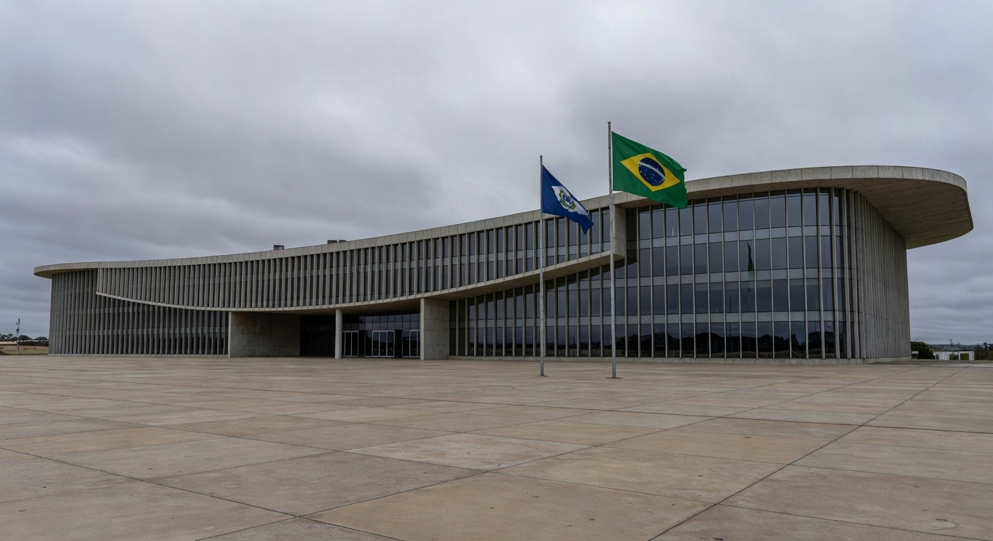 Fachada da CLDF em Brasília, contrastando com moradias precárias ao fundo, simbolizando ignorância a urgências sociais em sessão solene para corretores de seguros.