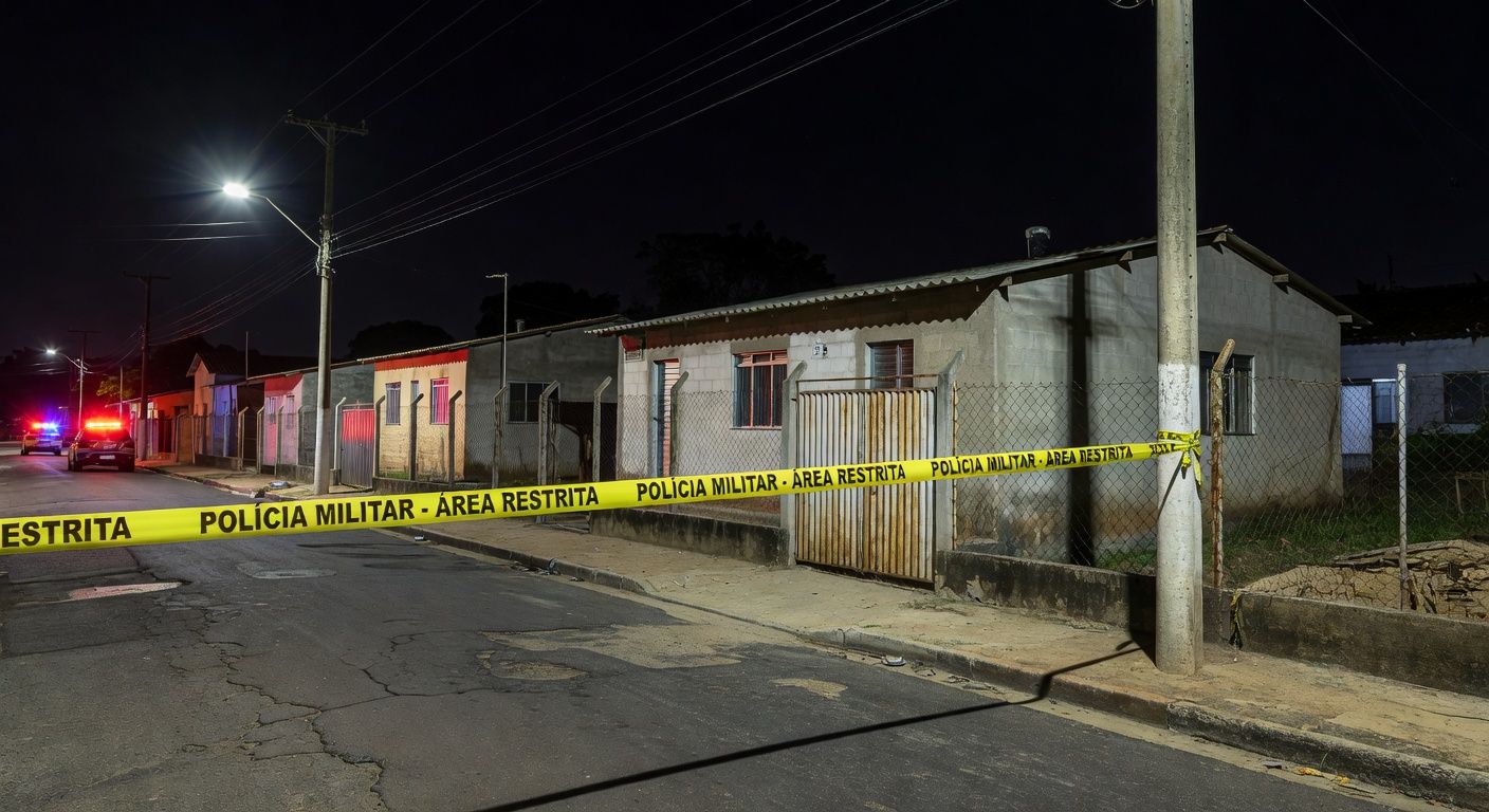 Cena de crime em rua residencial de Samambaia Norte, com fita de isolamento policial e luzes de viatura.